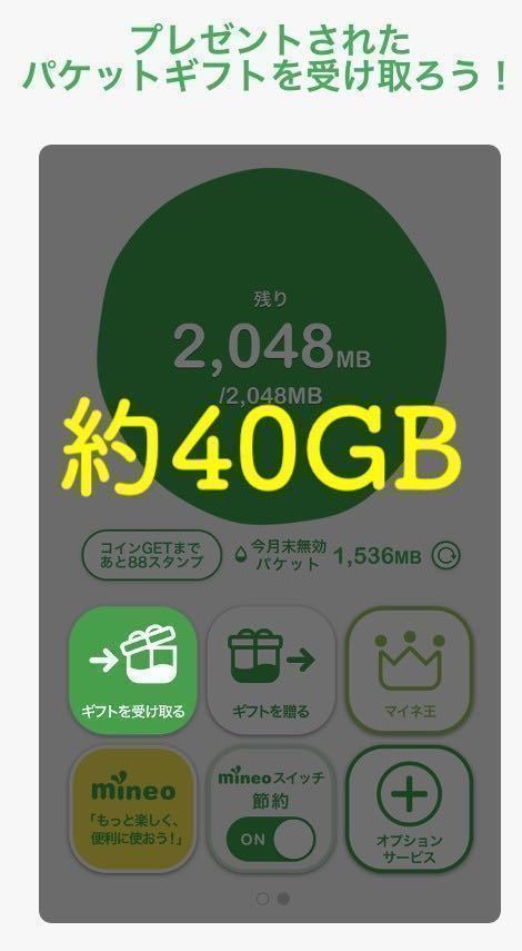 【匿名迅速】定額 マイネオ mineo パケットギフト 合計約40GB(約10GBの9999MBが4個で1セット)のギフトコード、再発行有の画像1
