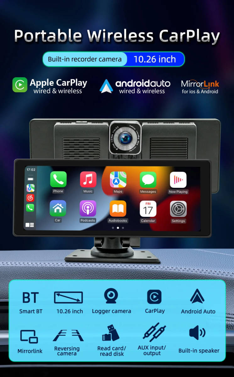 1円～ 10.26インチ ドライブレコーダー CarPlay Android Auto ポータブルカーナビ オンダッシュ 新品 バックカメラ付の画像2