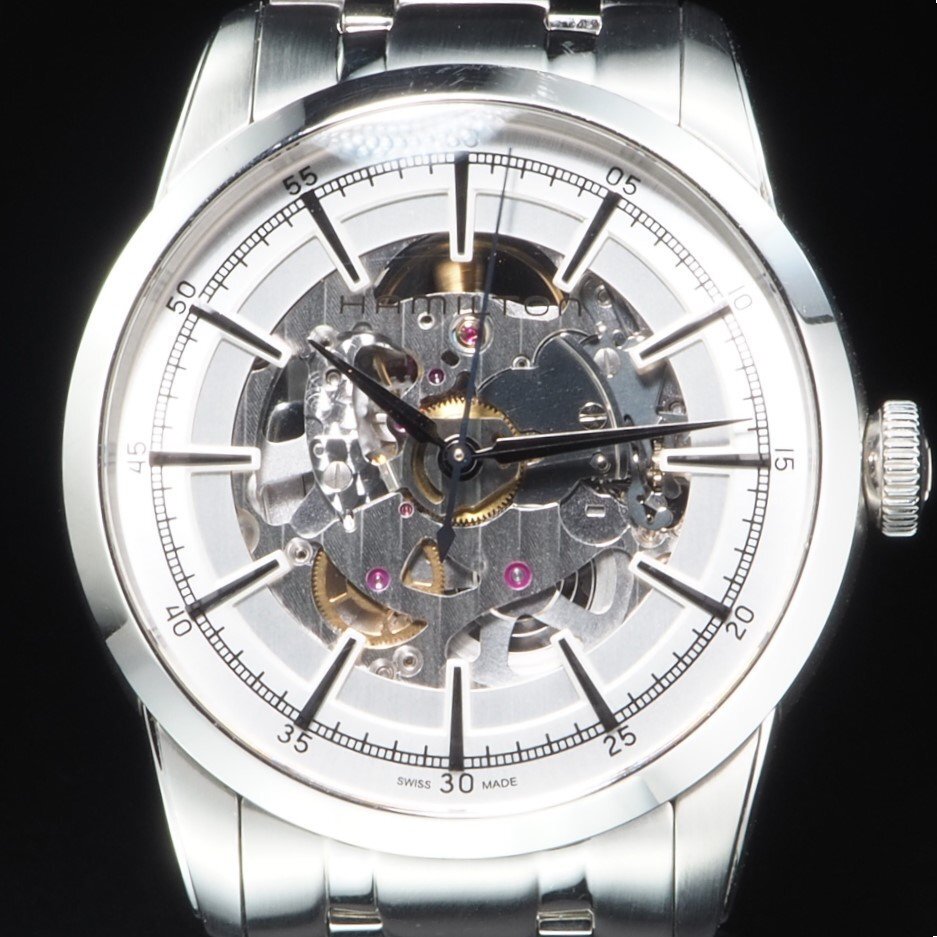 HAMILTON ハミルトン スケルトン レイルロード H406550 SS 自動巻き 純正ブレス 両開きブレス 箱 保 メンズ 腕時計 「23747」の画像3