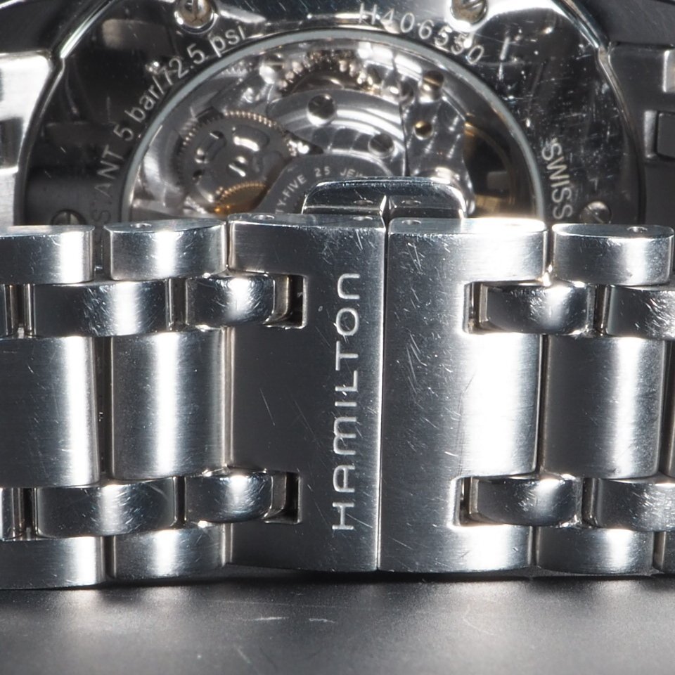 HAMILTON ハミルトン スケルトン レイルロード H406550 SS 自動巻き 純正ブレス 両開きブレス 箱 保 メンズ 腕時計 「23747」の画像7