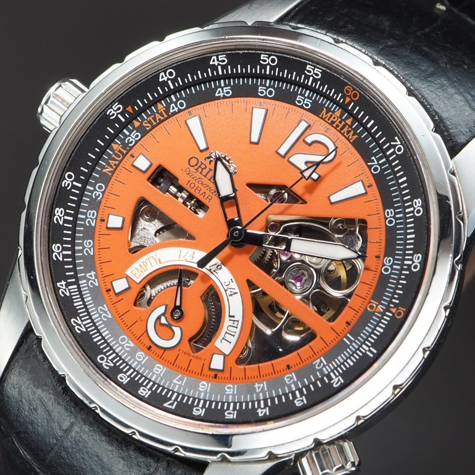 ORIENT オリエント FT00-C4 CA 自動巻き SS/革 オレンジ 文字盤 シースルーバック パワーリザーブ表記 Dバックル メンズ 腕時計 「23756」の画像2