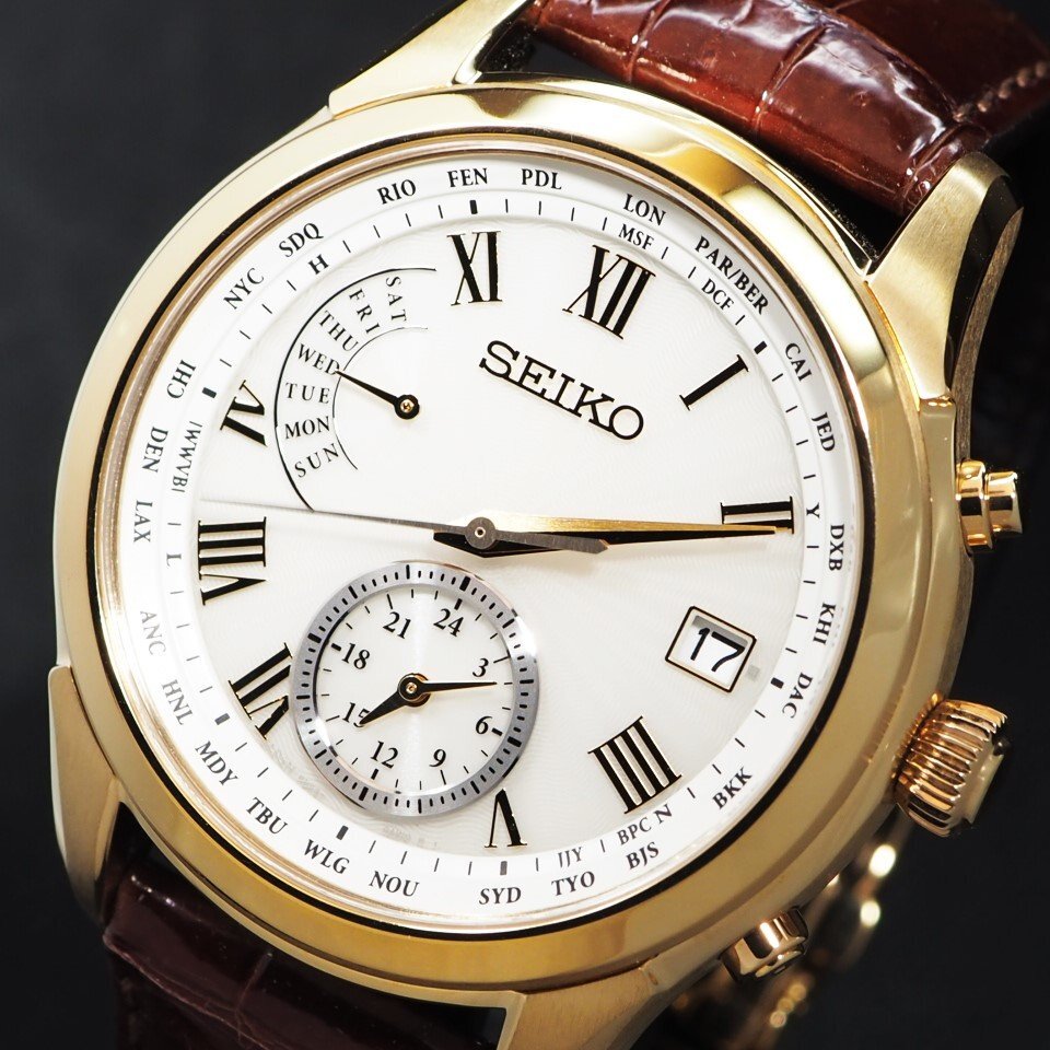 【美品 定価120,000】SEIKO セイコー チタン 革 ソーラー BRIGHTZ ブライツ 8B63-0AY0 Dバックル デイト 外箱 保 メンズ 腕時計 「23826」の画像2