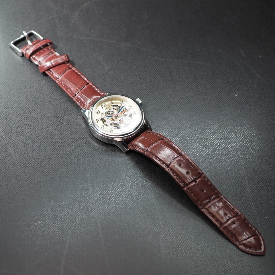 【セミスケ 裏スケ】AUREOLE オレオール SW-614M SS 革 オートマ アラビアインデックス メンズ 腕時計「23847」_画像8