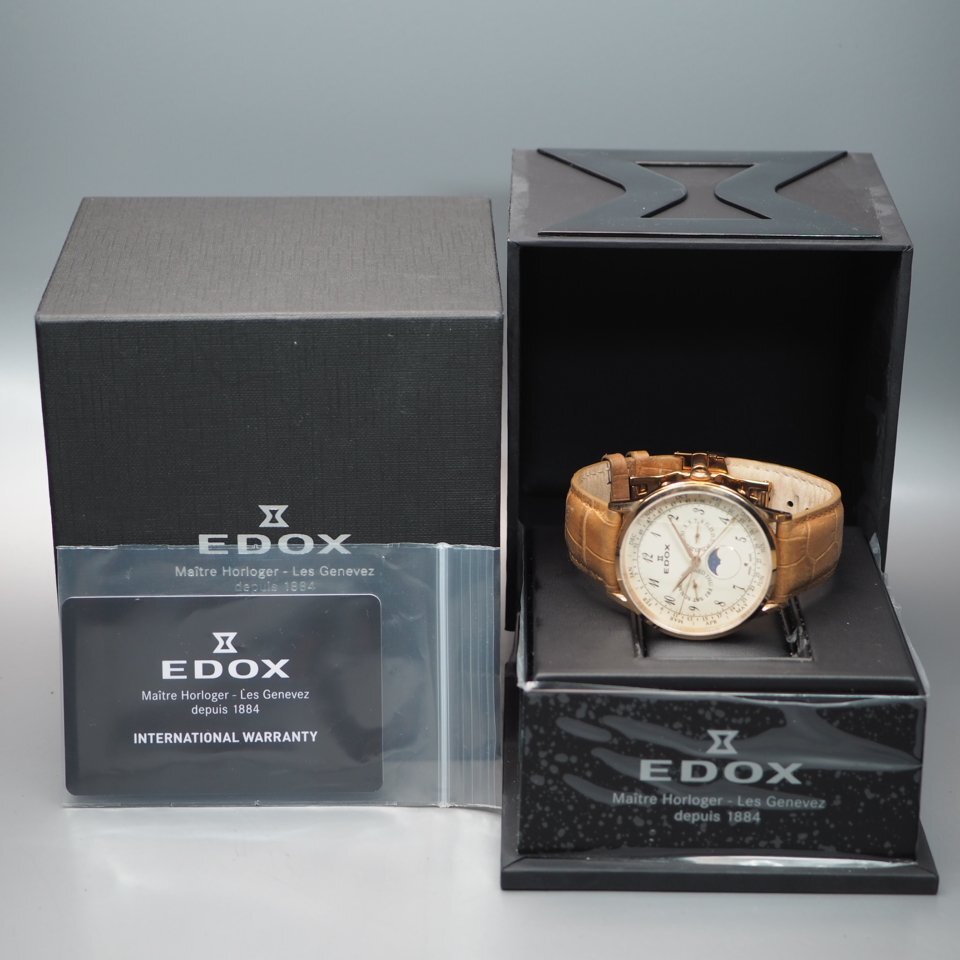 【電池交換済み】EDOX エドックス レ・ヴォベール Ref.40101 GP 革 QZ アイボリー文字盤 保 箱 付 メンズ 腕時計 「23833」_画像9