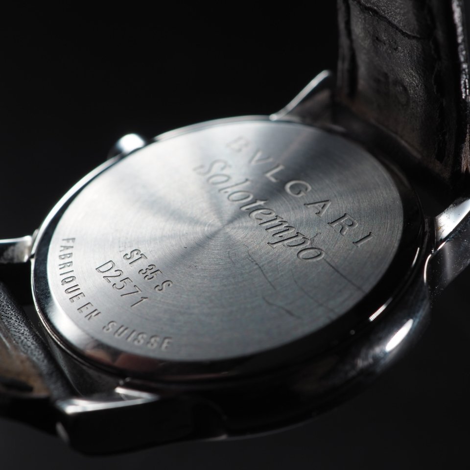BVLGARI ブルガリ ソロテンポ ST35S SS 革 QZ クォーツ 黒 文字盤 純正ベルト 尾錠 USED品 メンズ 腕時計 「23788」