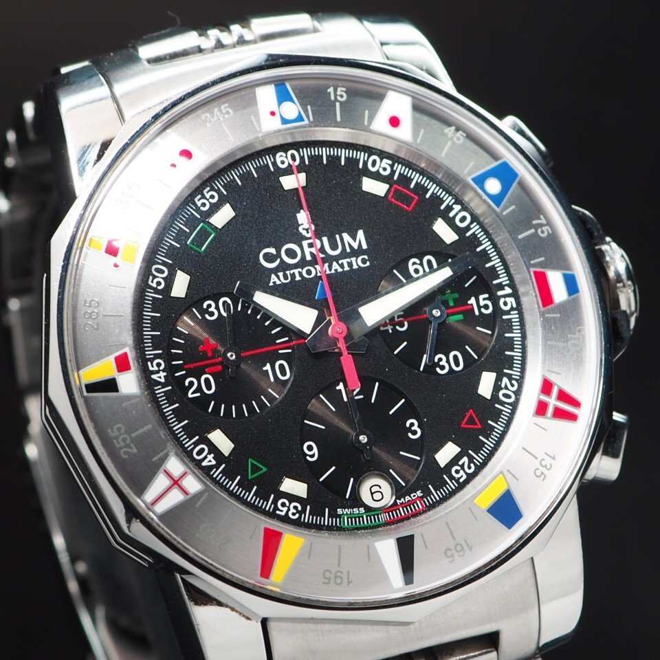 【希少品】CORUM コルム アドミラルズカップ クロノグラフ 285.630.20 SS オートマ 裏スケ 国旗 メンズ 腕時計 「23831」の画像2