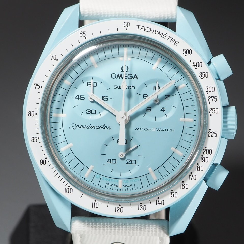 ◆人気シリーズ◆ OMEGA×swatch S033L100 MISSION TO URANUS ミッショントゥウラヌス 水色 QZ クロノグラフ 箱 メンズ 腕時計 「23915」の画像3