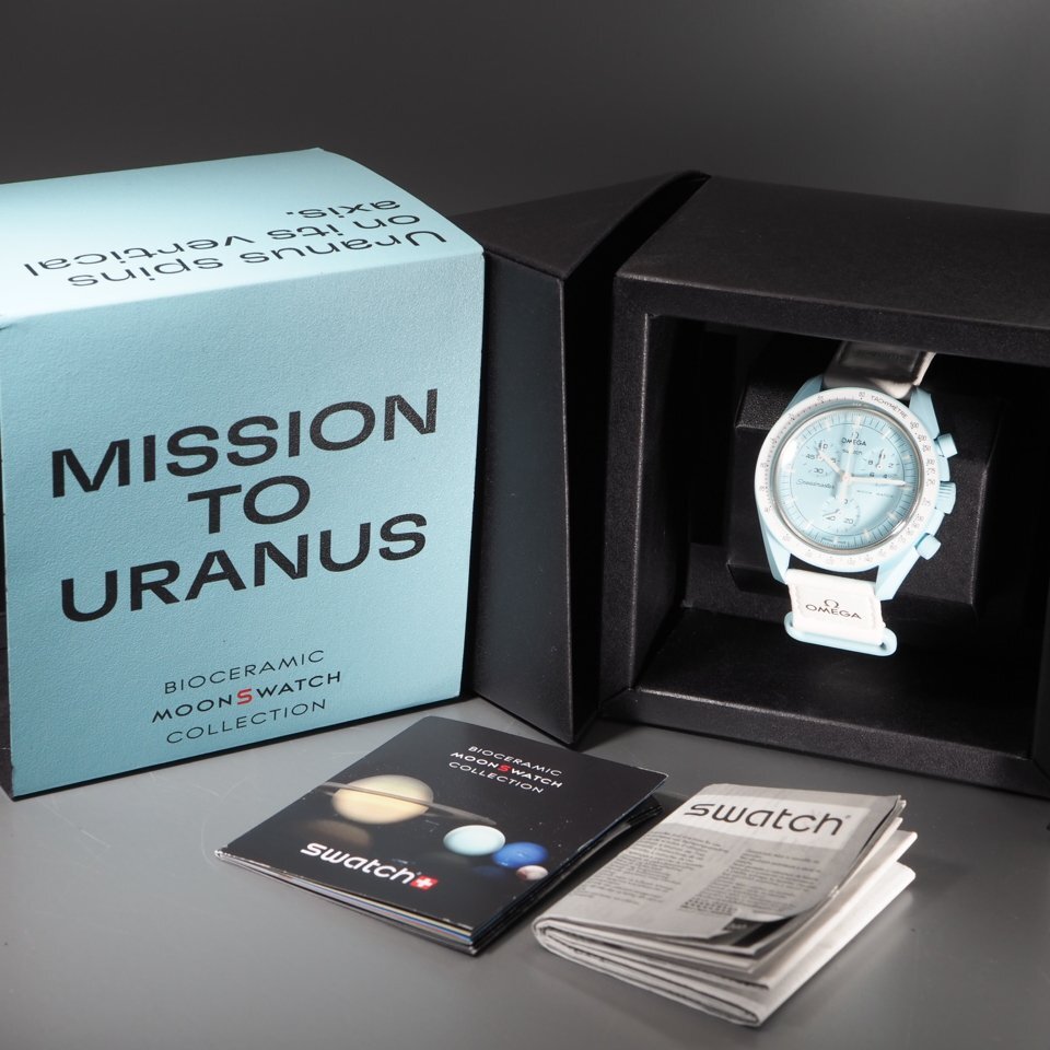 ◆人気シリーズ◆ OMEGA×swatch S033L100 MISSION TO URANUS ミッショントゥウラヌス 水色 QZ クロノグラフ 箱 メンズ 腕時計 「23915」の画像9