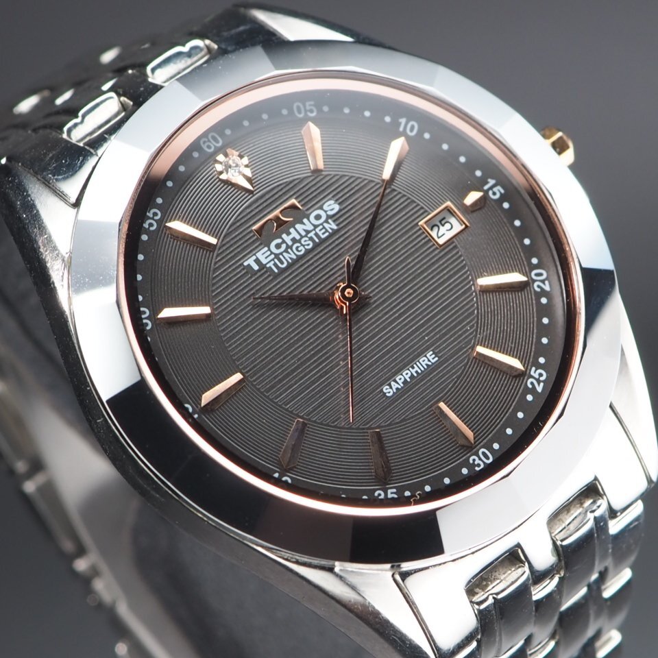 TECHNOS テクノス TUNGSTEN タングステン T9649 SS QZ 透明石 3針 デイト ピンクゴールドカラー メンズ 腕時計 「23928」の画像3