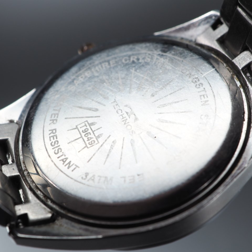 TECHNOS テクノス TUNGSTEN タングステン T9649 SS QZ 透明石 3針 デイト ピンクゴールドカラー メンズ 腕時計 「23928」の画像8