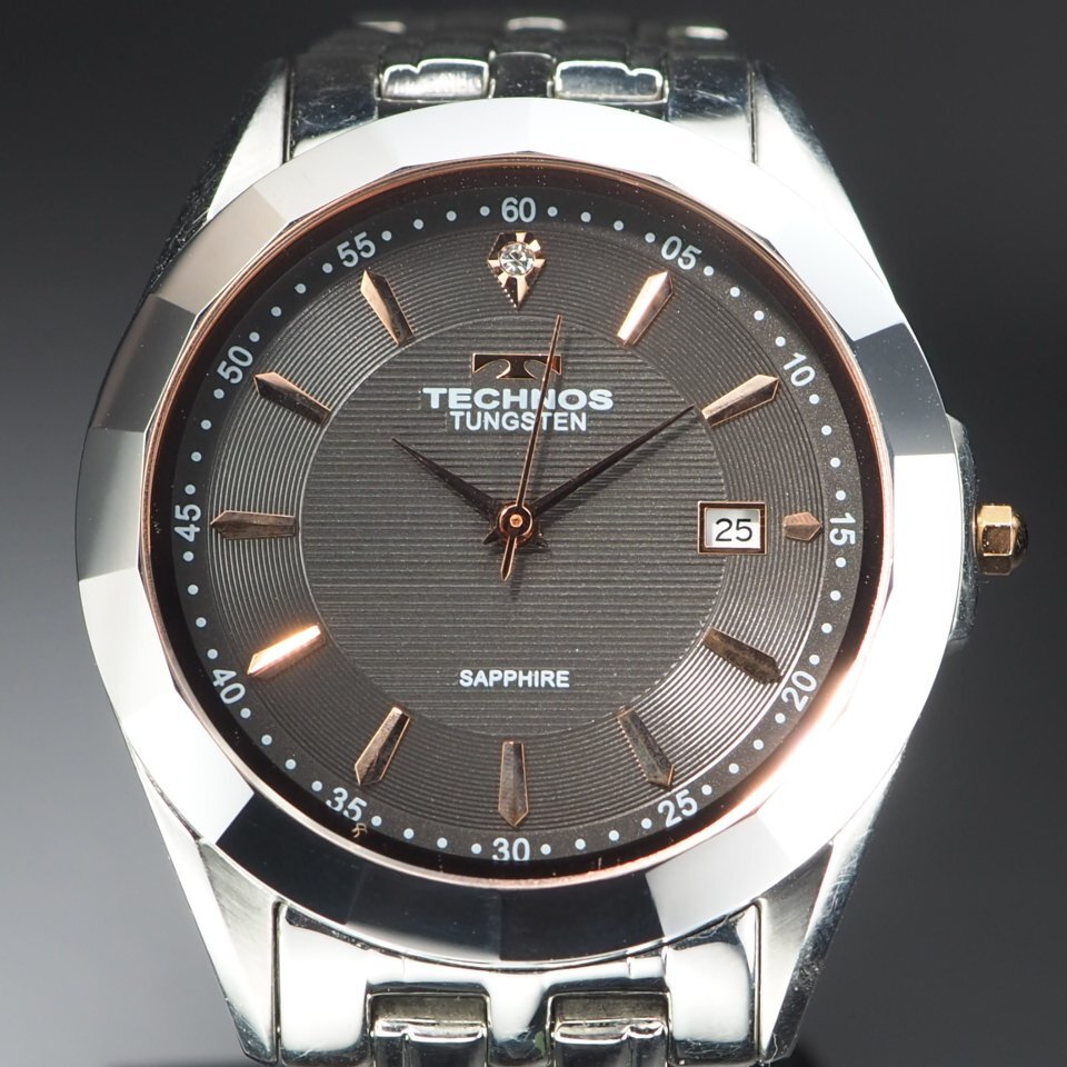 TECHNOS テクノス TUNGSTEN タングステン T9649 SS QZ 透明石 3針 デイト ピンクゴールドカラー メンズ 腕時計 「23928」の画像2