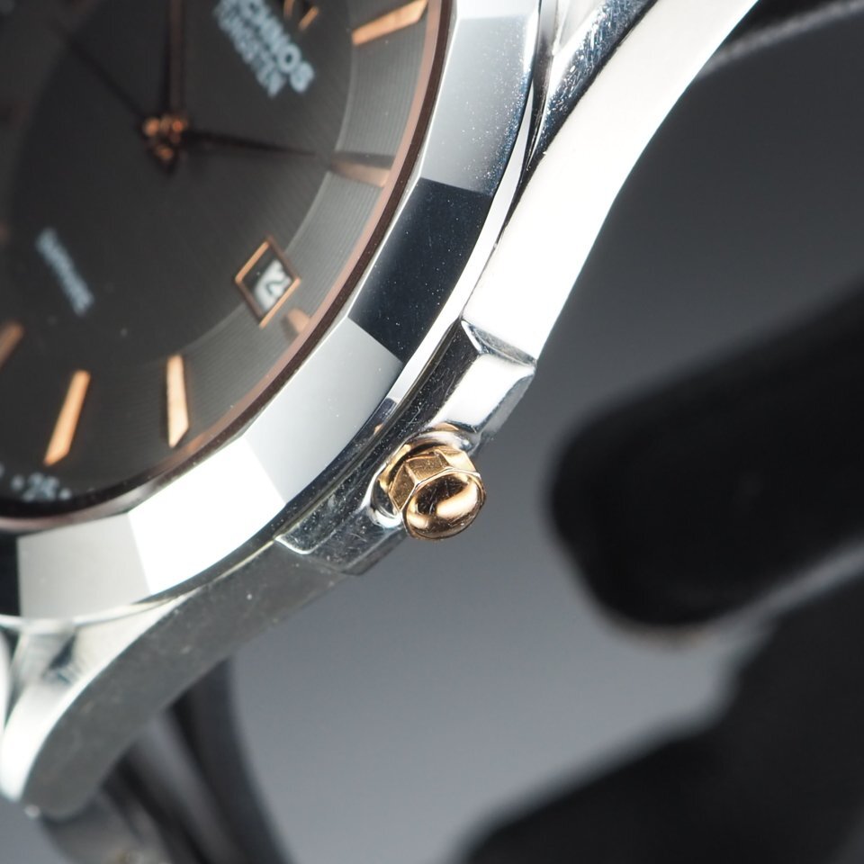 TECHNOS テクノス TUNGSTEN タングステン T9649 SS QZ 透明石 3針 デイト ピンクゴールドカラー メンズ 腕時計 「23928」_画像4