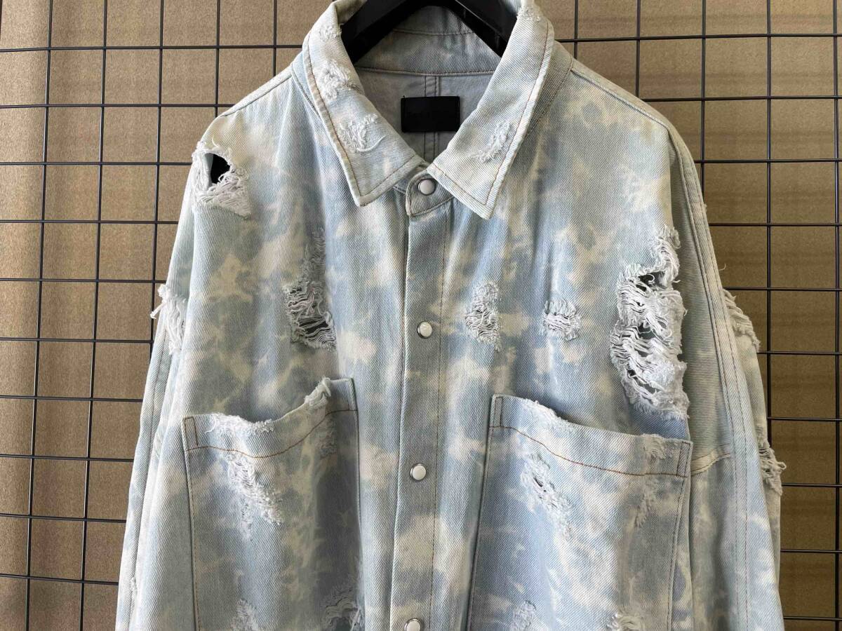 【Danke Schon/ダンケシェーン】Big Silhouette Damage Denim Long Shirt ビッグシルエット ダメージ加工 クラッシュド デニム シャツ_画像2