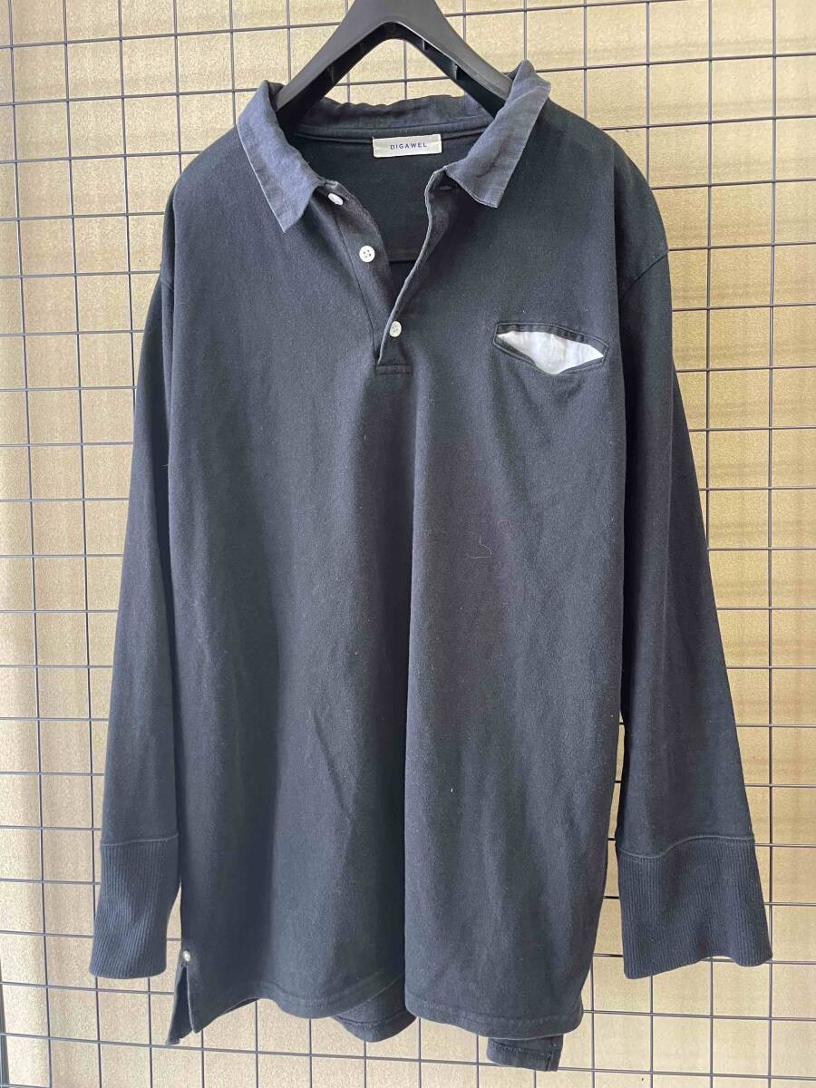 【DIGAWEL/ディガウェル】Linen Collar Long Sleeve Polo Shirt BLACK リネンカラー ロングスリーブ ポロシャツ ブラック カットソーの画像3