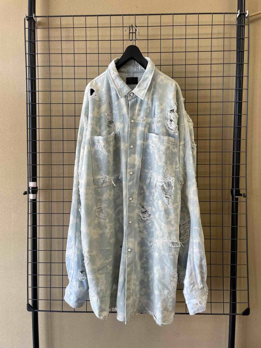 【Danke Schon/ダンケシェーン】Big Silhouette Damage Denim Long Shirt ビッグシルエット ダメージ加工 クラッシュド デニム シャツ_画像1