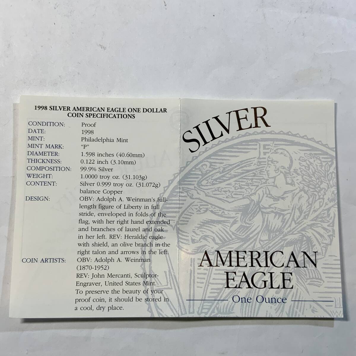 AMERICAN EAGLE 1998 1ドル銀貨 ケース付き no.1の画像7