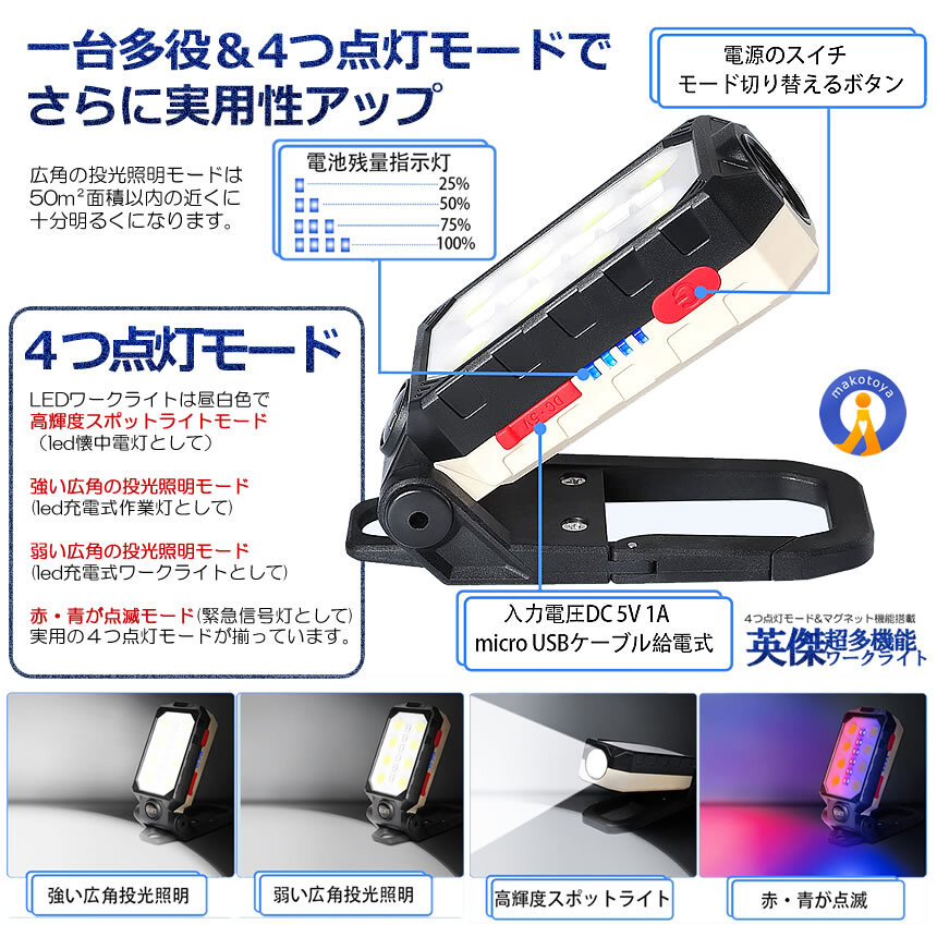 2個セット折り畳み式 作業灯ワークライト 超多機能 led懐中電灯 USB充電式 ハンディライト マグネット YOSAWARの画像4