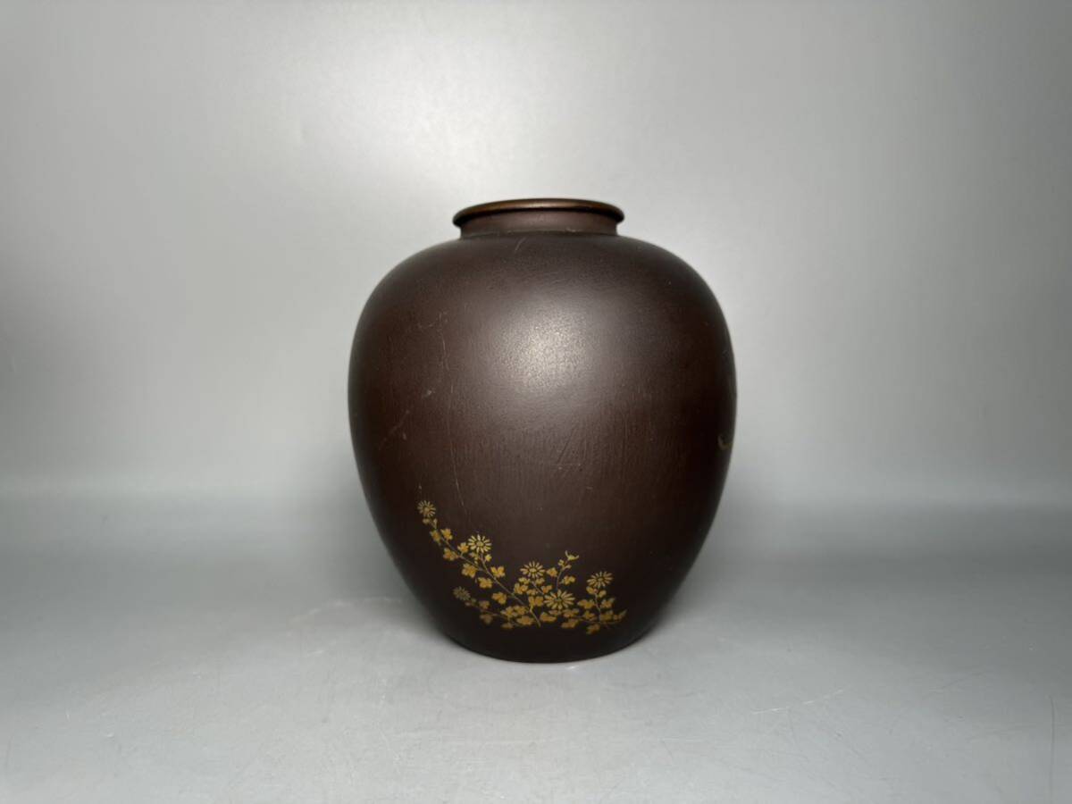 藤井美豊 金象嵌 花入 花器 銅製 骨董 唐銅 花生 高さ約 15.5cm 古美術 金属工芸 シガレットケース 京都金土師 藤井象嵌 銅花瓶の画像2