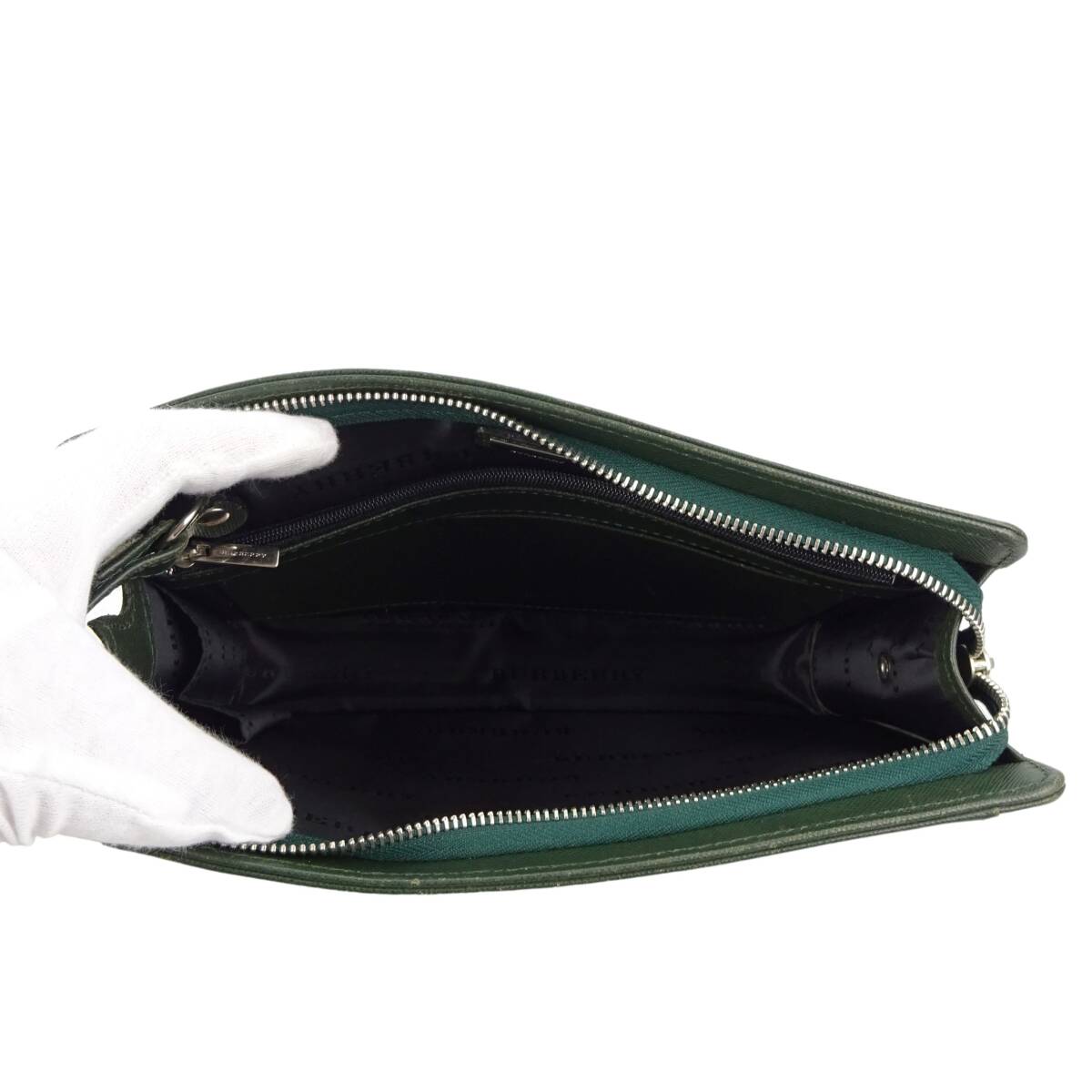  подлинный товар # Burberry # зеленый кожа / серебряный / клатч / ручная сумочка /301801