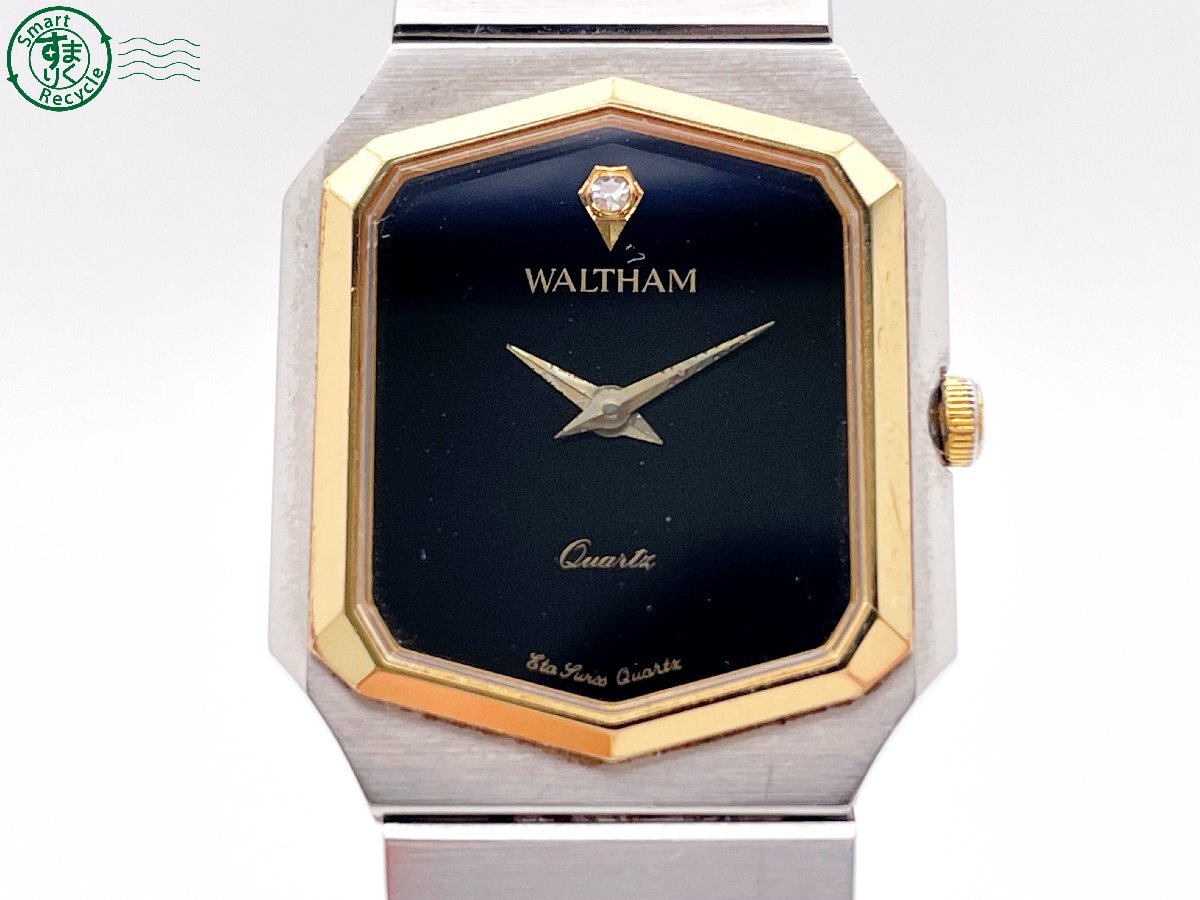 2404604632 # WALTHAM Waltham 2716010 quartz QZ 2 hands analogue wristwatch black face black Stone 1P original belt Vintage 