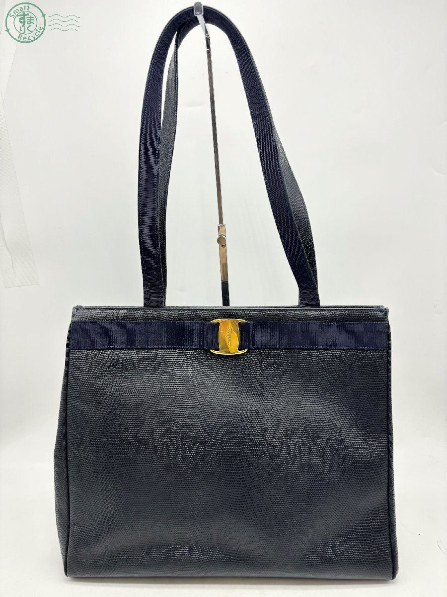 2404602049 ▲ Salvatore Ferragamo サルヴァトーレ フェラガモ DF-21 2530 トートバッグ ヴァラ リザード型押し レザー ネイビー 鞄 中古の画像1