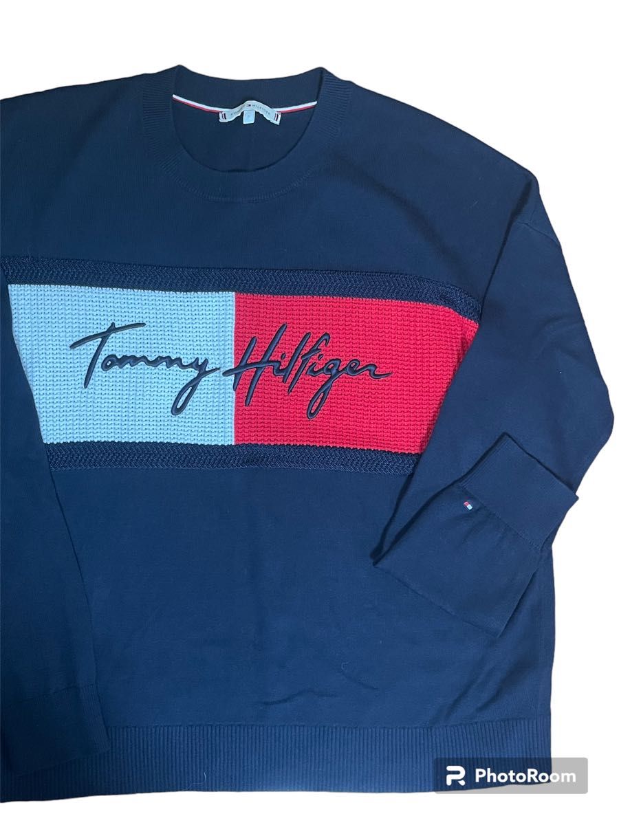 ニット 長袖　セーター　トミー　TOMMY ネイビー　紺　薄手　ロゴ　 カットソー　赤　白　レディース　カジュアル　S 