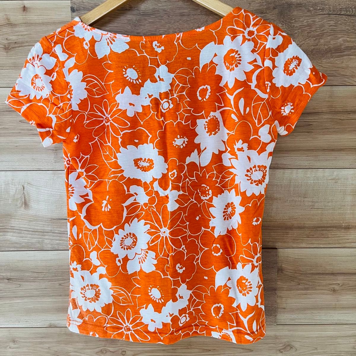 ELLE 半袖カットソー　オレンジ花柄　胸元リボン　美品