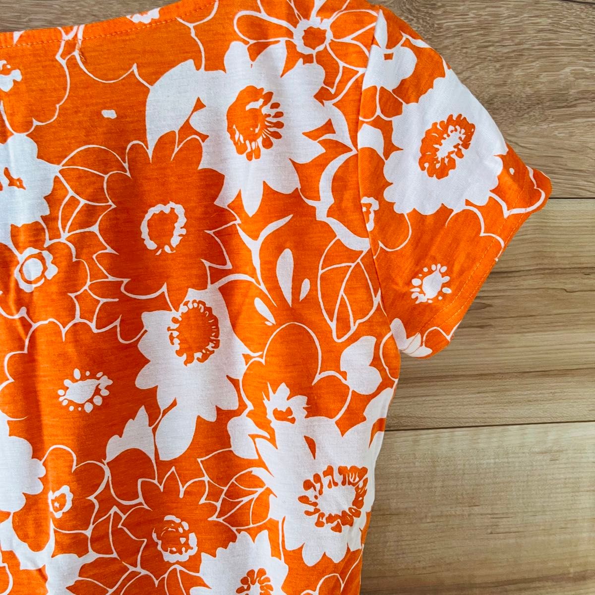 ELLE 半袖カットソー　オレンジ花柄　胸元リボン　美品