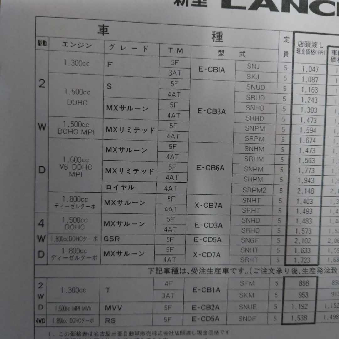 平成4年4月1日・ランサー　カタログ　無・車両価格表　のみ　LANCER　MITSUBISHI_画像2