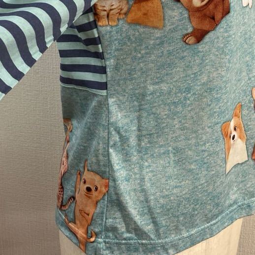 ハンドメイド*犬猫うさぎパンダリス等々のシンプルなコットンTシャツ 七分袖水色系 フリーサイズの画像3