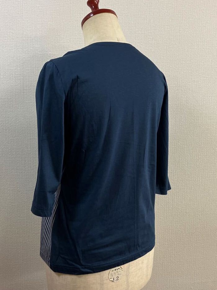ハンドメイド*さらりと肌触りの良いシンプルな七分袖Tシャツ 紺系ストライプ柄 の画像2