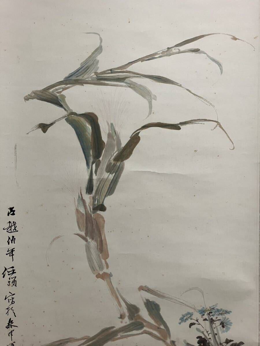 【模写】 任伯年先生画白鶏玉米 掛軸 肉筆 中国画 唐物 旧家整理品_画像3