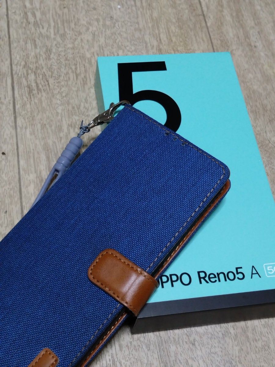 美品　OPPO reno 5A 青の手帳型カバー付き