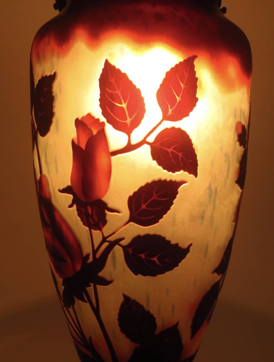 【SAKURAYA】西洋アンティーク【エミール・ガレ EmileGalle】薔薇彫刻スタンドランプ 卓上ライト ナイトランプ 照明 高さ55.5cmの画像3