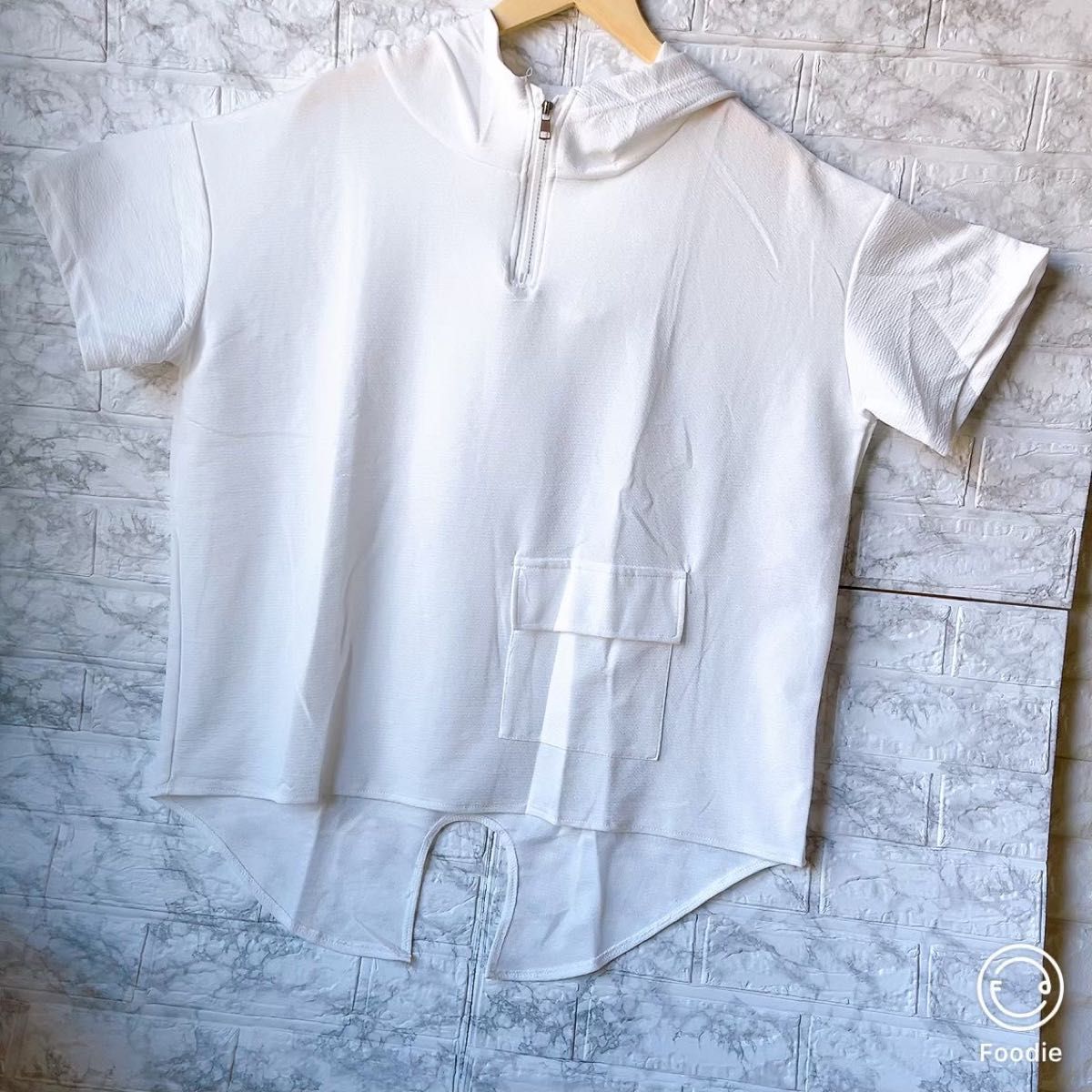 Tシャツ　半袖　ハーフジップ　無地　トップス　ポケット　ビッグシルエット　 ホワイト　ジップアップ　オーバーサイズ　Lサイズ