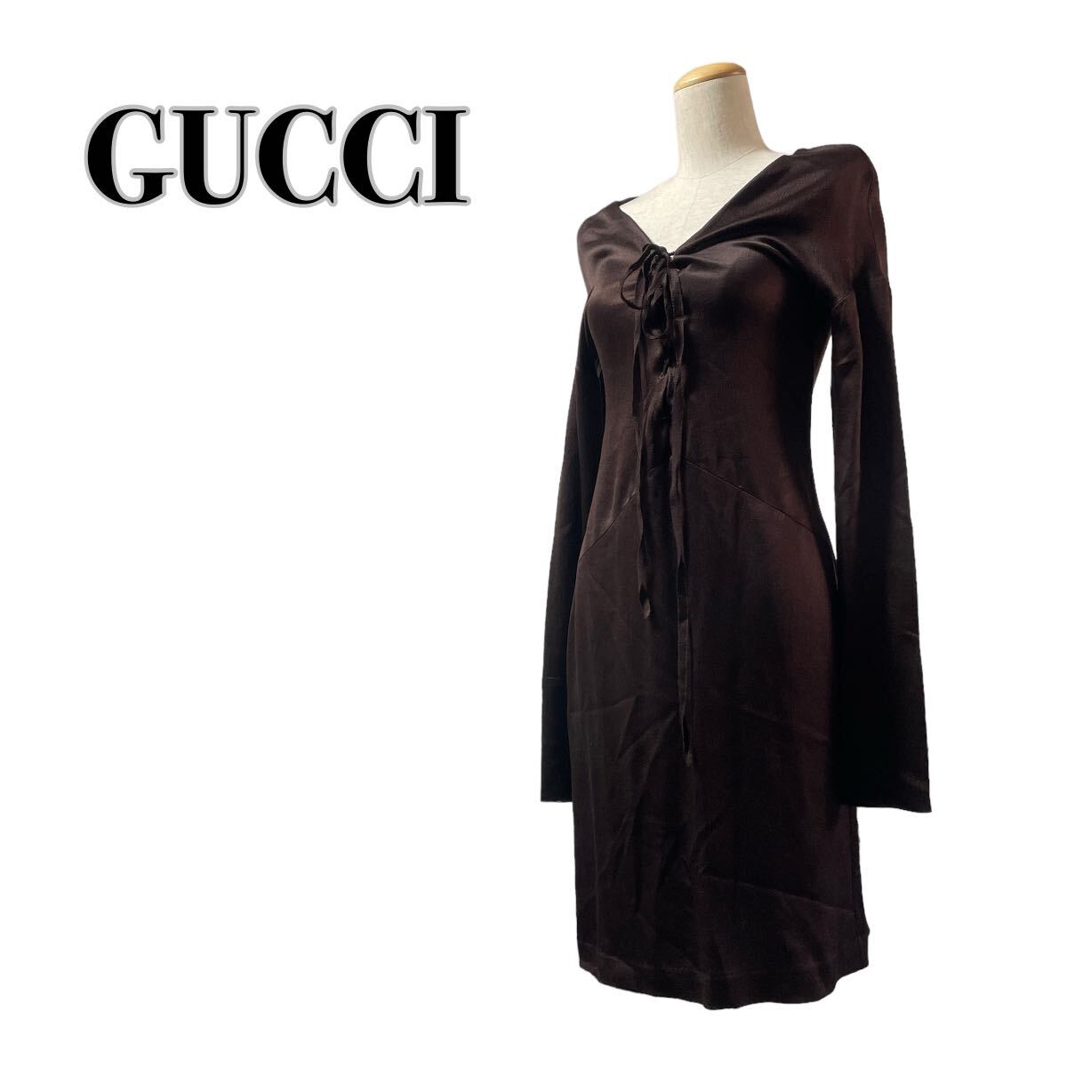 GUCCI グッチ シルク100% 長袖ワンピース 茶 ブラウン リボン ドレス イタリア製 40 L_画像1