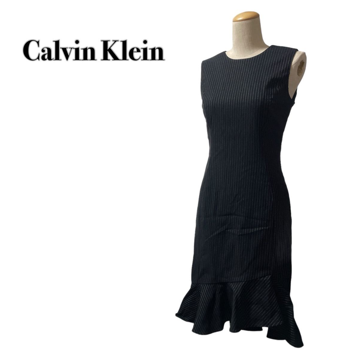 Calvin Klein カルバンクライン ノースリーブ フレアワンピース ロング丈 ストライプ 黒ブラック 4 L ストレッチ_画像1