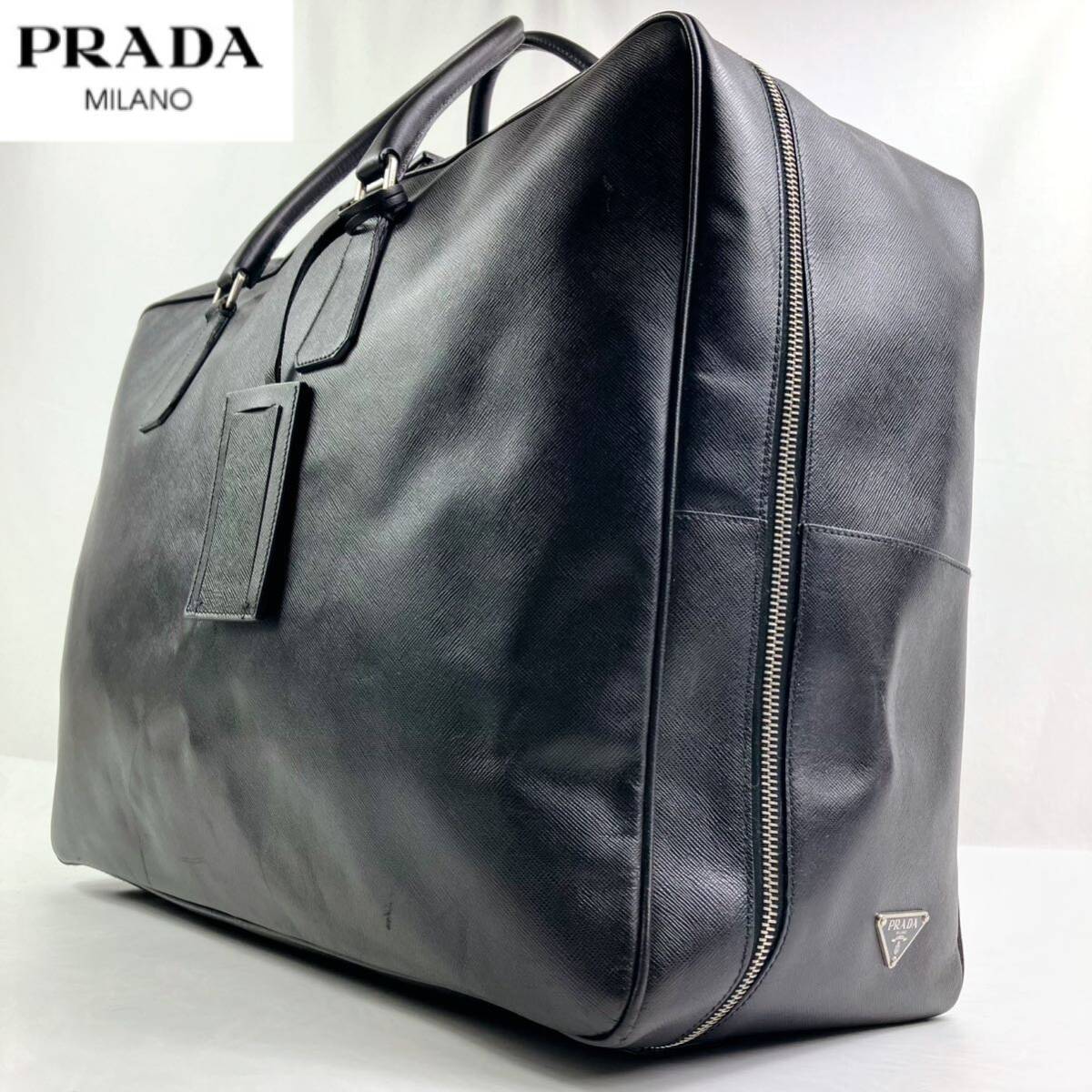 1円【定価65万円×極美品×三角ロゴ】PRADA プラダ 2way ボストンバッグ ショルダーバッグ ビジネスバッグ サフィアーノレザー 黒の画像1