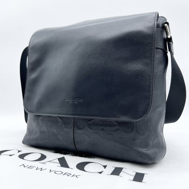 1円【未使用級】COACH コーチ ショルダーバッグ F72220 チャールズ デボスド シグネチャー エンボス 牛革 レザー ネイビー 斜め掛け メンズの画像1