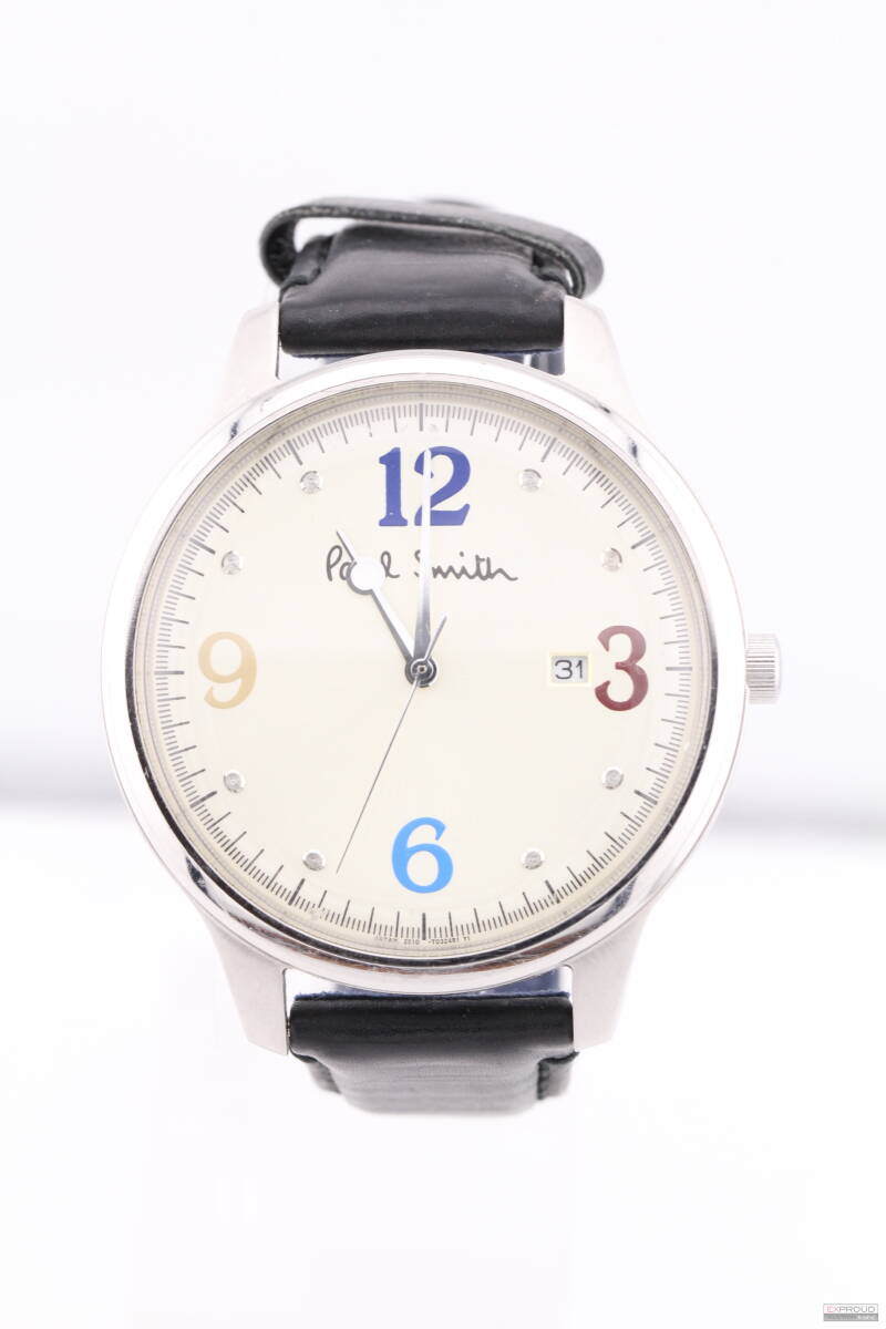 人気 ブランド チェック 良品★R33 Paul Smith ポールスミス 腕時計 2510-S092485 アイボリー×クリア クォーツ 革ベルト ケースサイズ約4.1cm×4.1cm 動作確認済み ポール・スミス