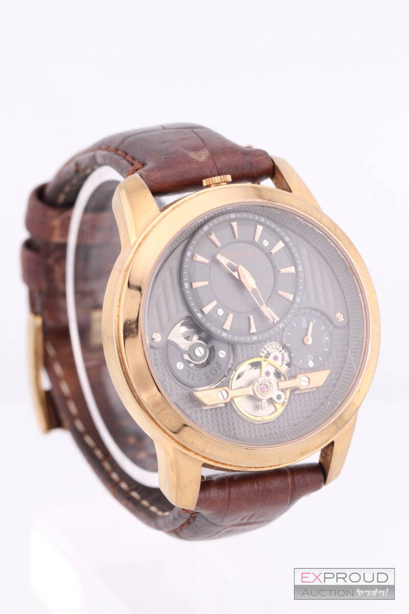  superior article *R61 FOSSIL Fossil 5 atmospheric pressure waterproof self-winding watch wristwatch Brown approximately diameter 4.5cm Gold × black leather belt ME1114 operation verification ending 