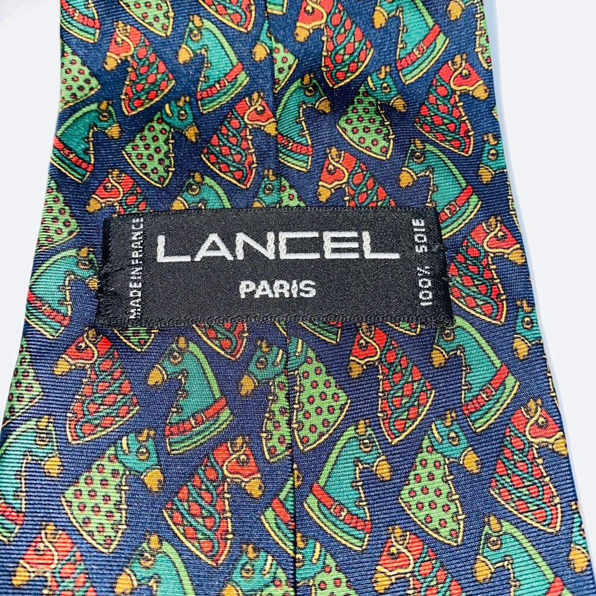 LANCEL ランセル　シルクネクタイ　高級　フランス製　PARIS ネイビー ブランドネクタイ ネクタイ 総柄