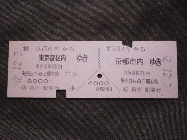 国鉄　新宿駅発行、東京都区内から京都市内ゆき 往復切符_画像1