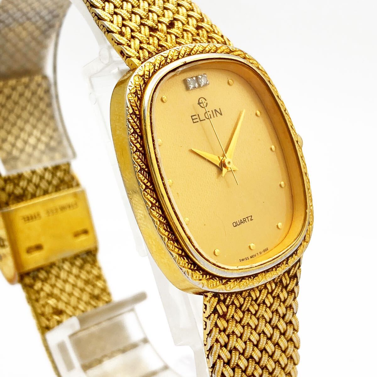 ELGIN エルジン QZ FK276 ゴールド文字盤 石付 スクエア メンズ腕時計 alp色