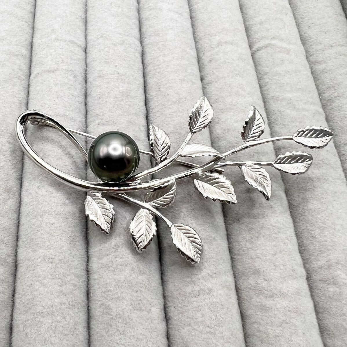 本真珠　黒蝶真珠　12mm リーフ　silver 刻印　ブローチ　フォーマル　送料無料