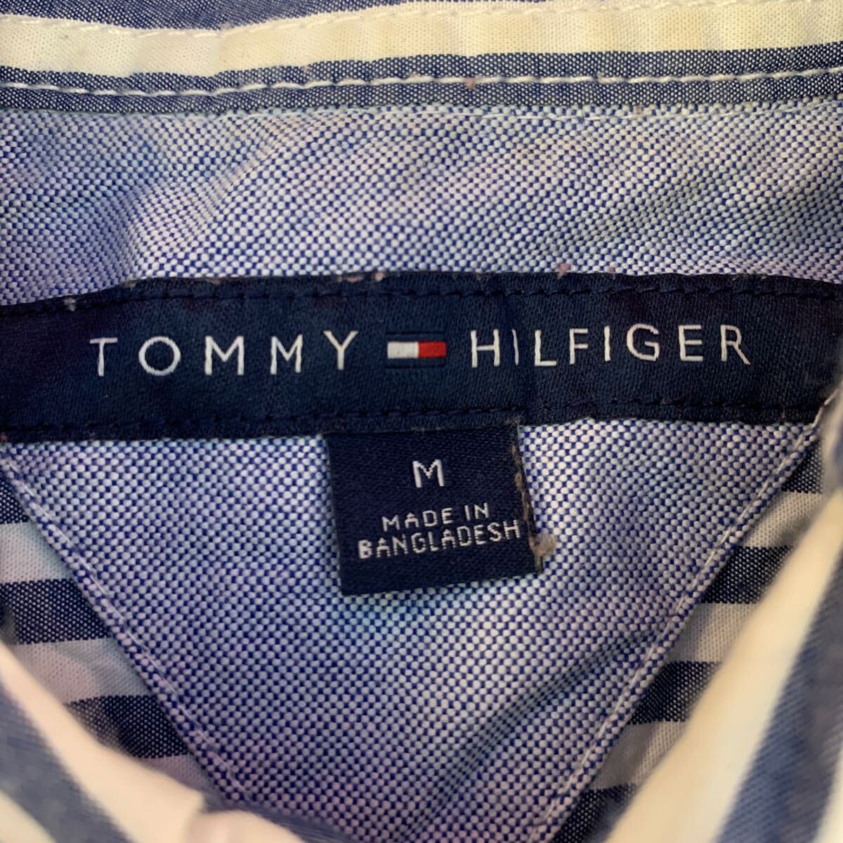 TOMMY HILFIGER 半袖 ストライプシャツ M ネイビー ホワイト トミーヒルフィガー ボタンダウン 刺繍ロゴ 古着卸 アメリカ仕入 a604-5640_画像9