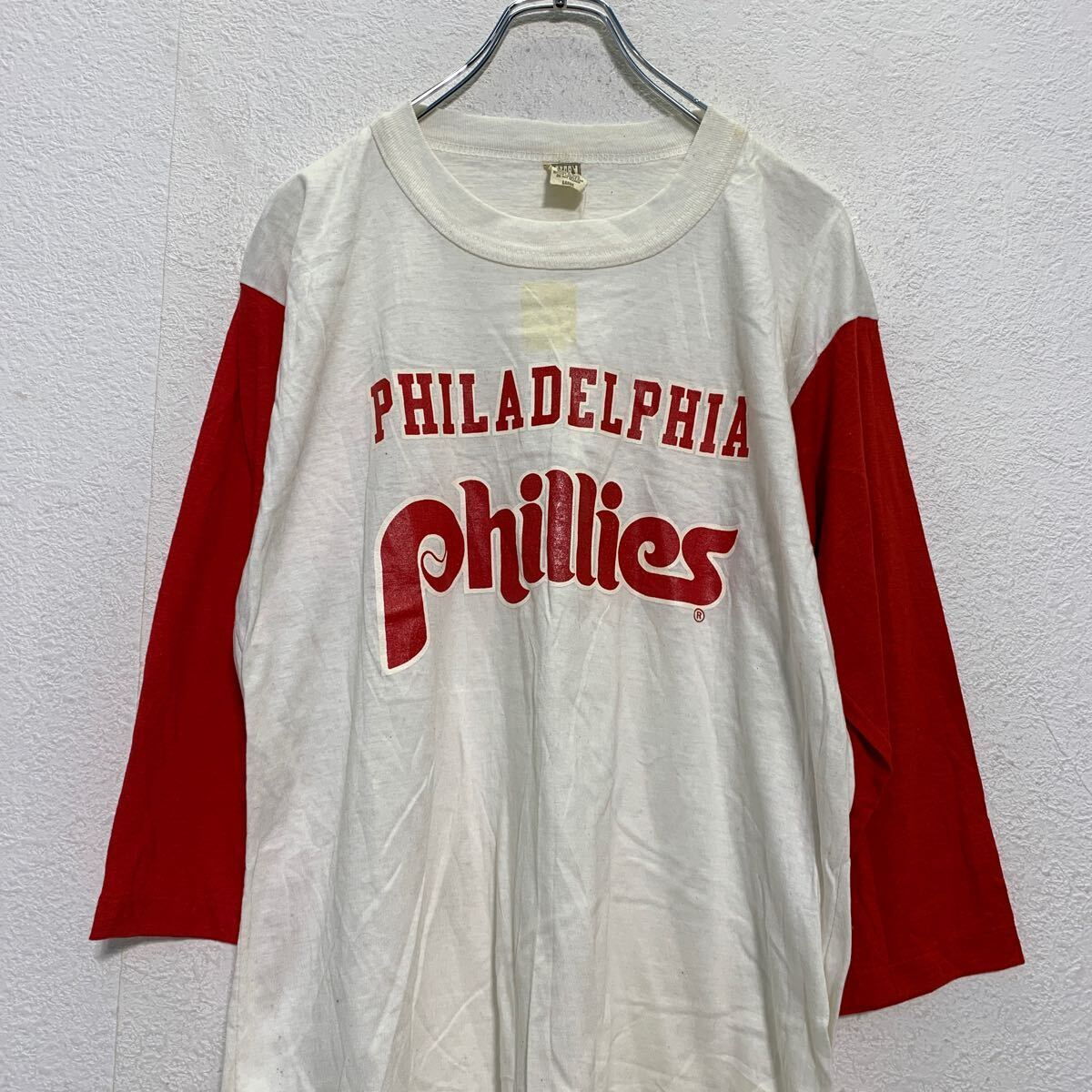 VICTORY KNITS 七分袖 プリントTシャツ L ホワイト レッド USA製 PHILLIES ロンT ロングTシャツ 古着卸 アメリカ仕入 a604-5653_画像2