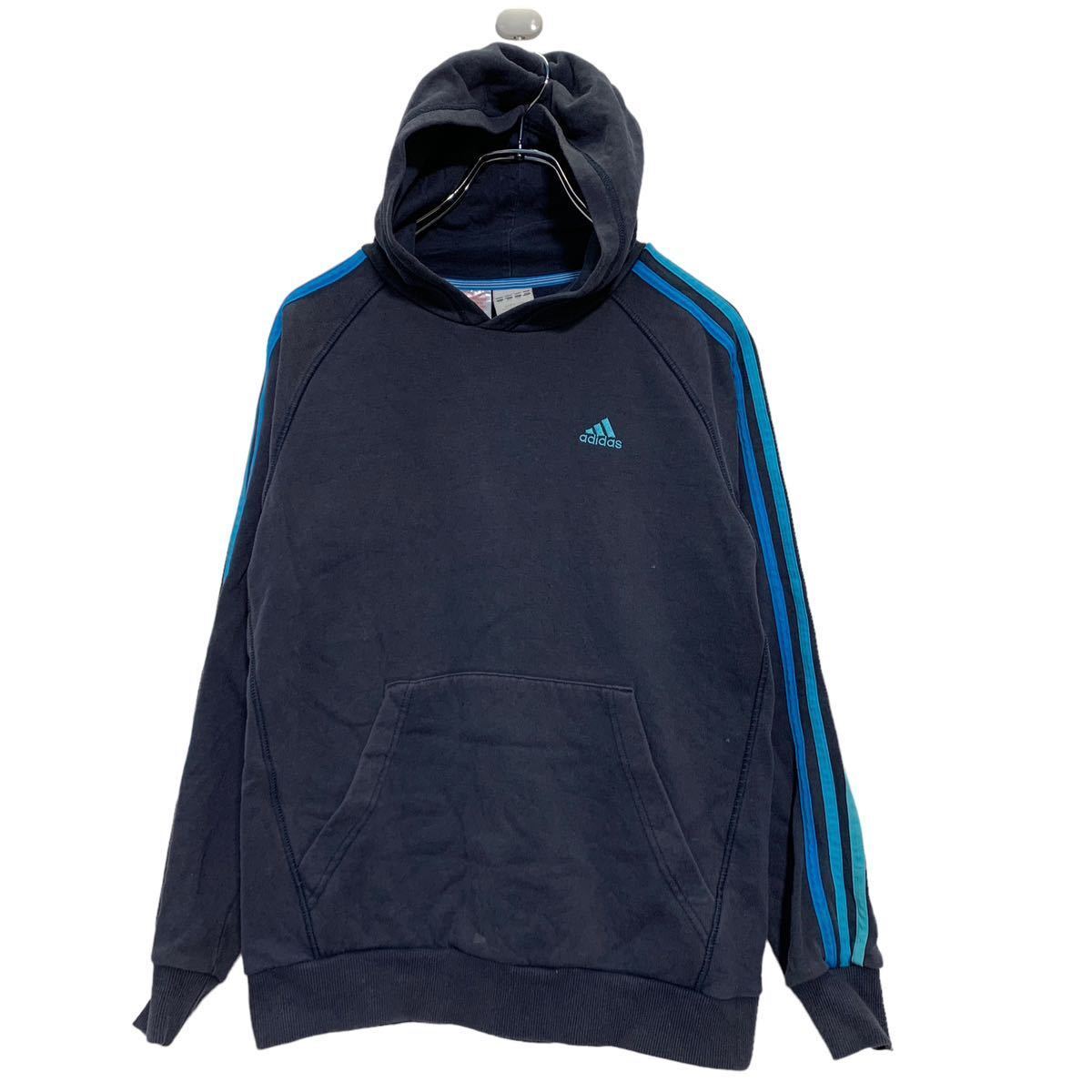 adidas ロゴ スウェット パーカー L 13-14Y キッズ ネイビー アディダス 裏起毛 袖ライン プルオーバー 古着卸 アメリカ仕入 a601-6634_画像1