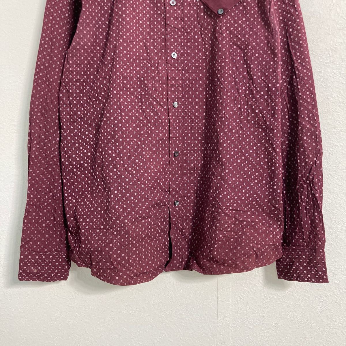 Retro Fire 長袖 柄シャツ XL～ ボルドー ホワイト 総柄 ビッグサイズ 古着卸 アメリカ仕入 a602-5534_画像3