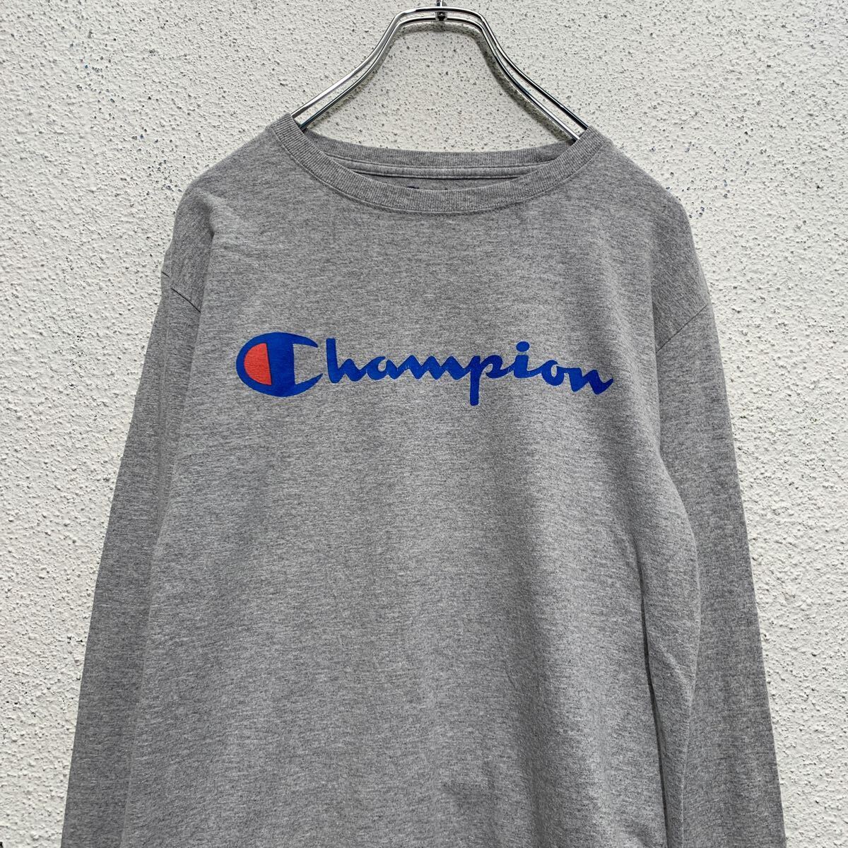 Champion 長袖 プリントTシャツ S グレー チャンピオン クルーネック ロンT ロングTシャツ 袖ロゴ 古着卸 アメリカ仕入 a603-5794_画像2